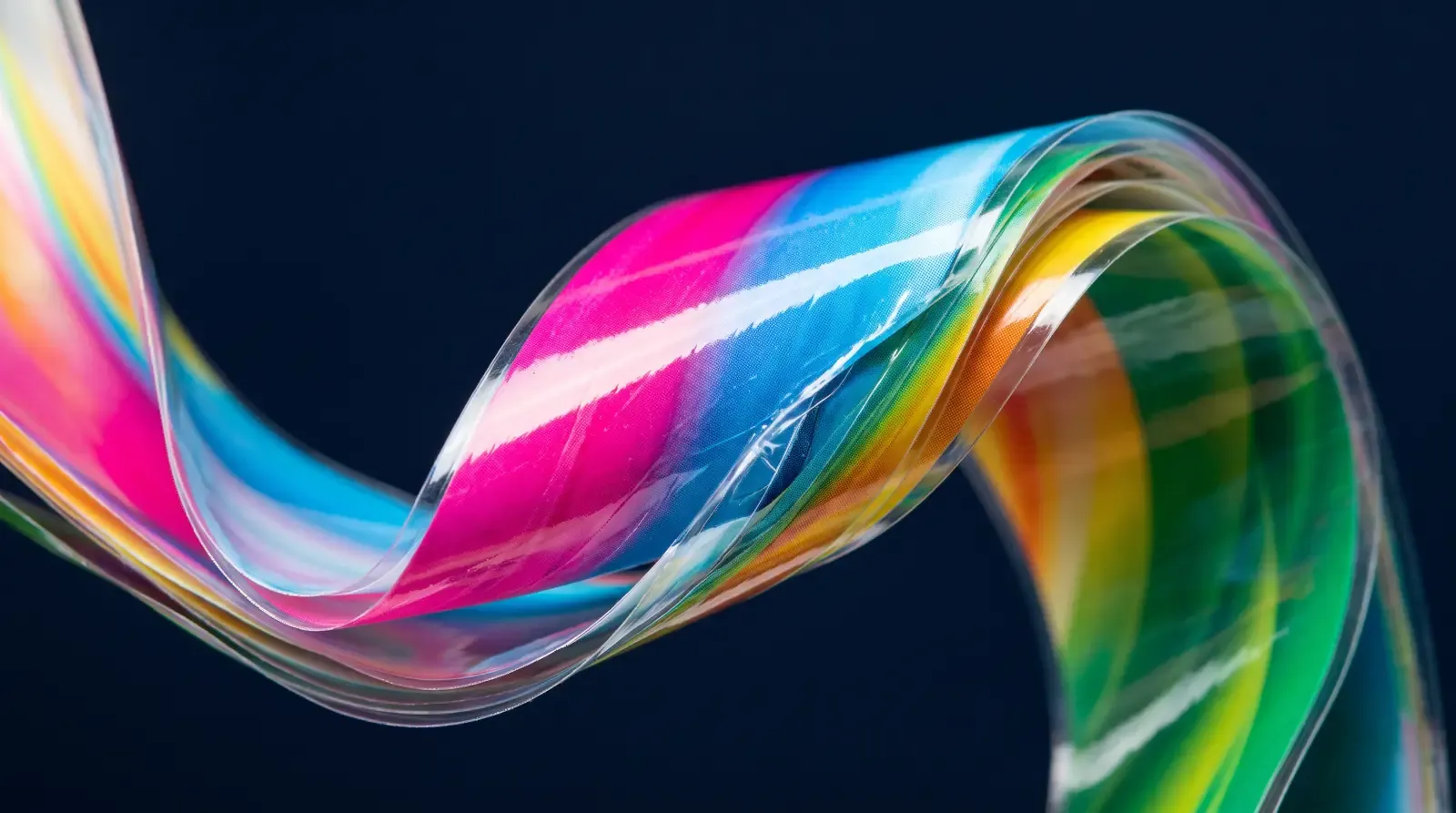 A ribbon of printed laminated film showing the full colour spectrum