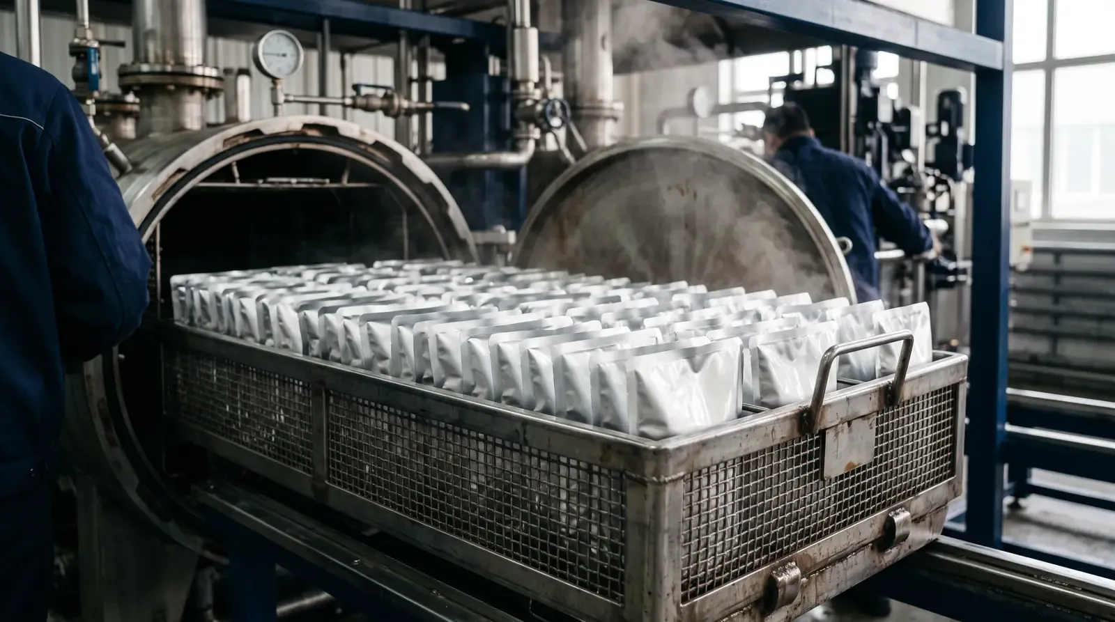 Sealed pouches in a stainless retort sterilisation basket