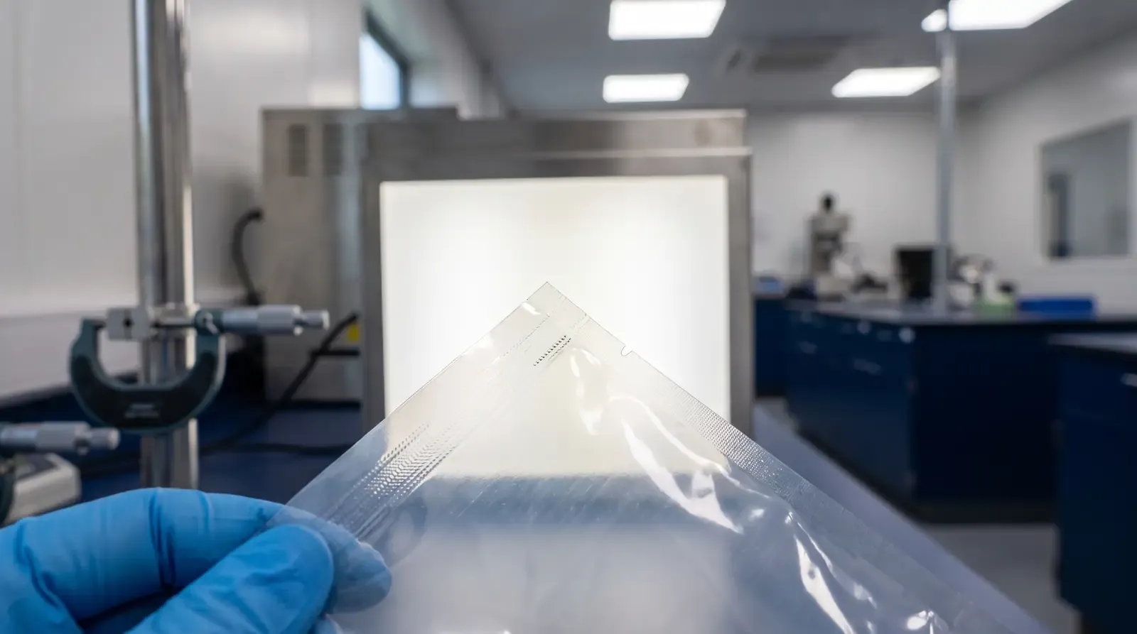 A pouch seal held to inspection light in a quality lab