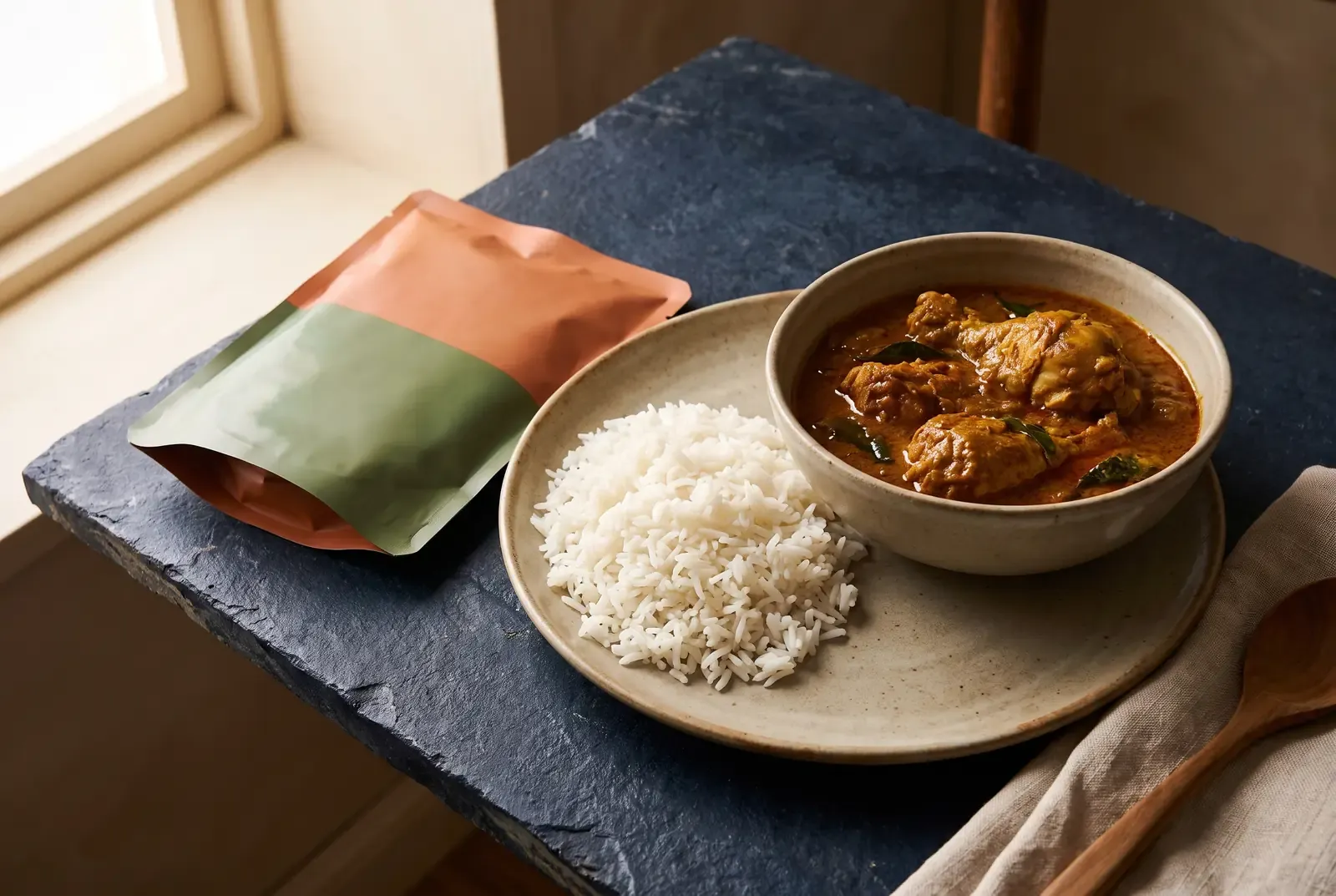 A Sri Lankan chicken curry with rice beside its pouch