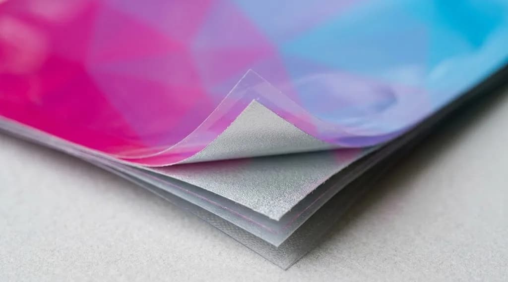 A peeled-back packaging laminate showing its layers