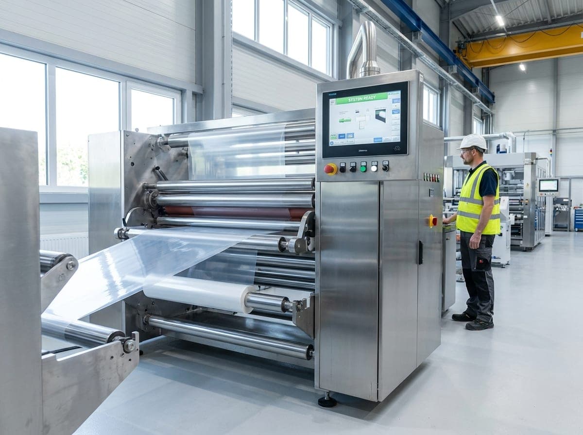 Lamination machine pressing two film webs into one laminate