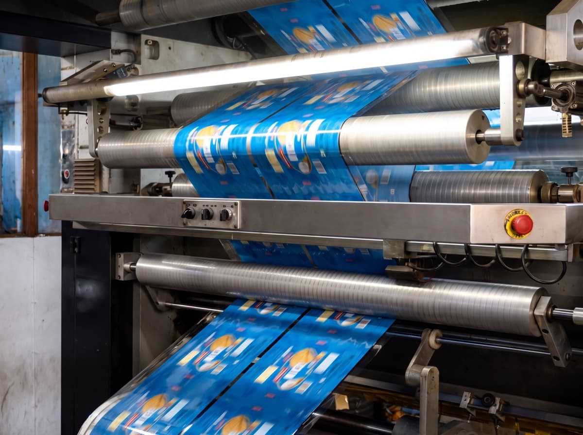 Rotogravure printing cylinders carrying a web of colourful film